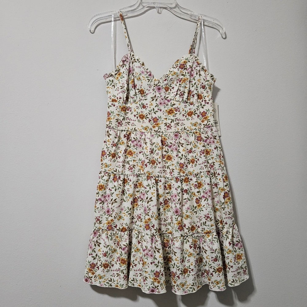 No Boundaries Floral Tiered Mini Dress‎ Smocked Back Cream Pink Yellow Small 4-6